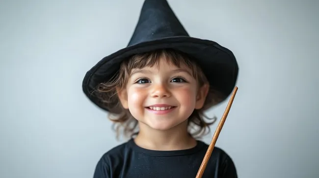 Lächelnde Hexe im schwarzen Kostüm mit Zauberstab