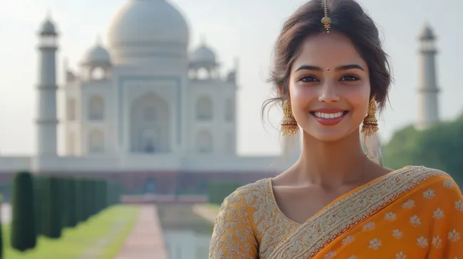 Lächelnde indische Frau am Taj Mahal in traditioneller Kleidung
