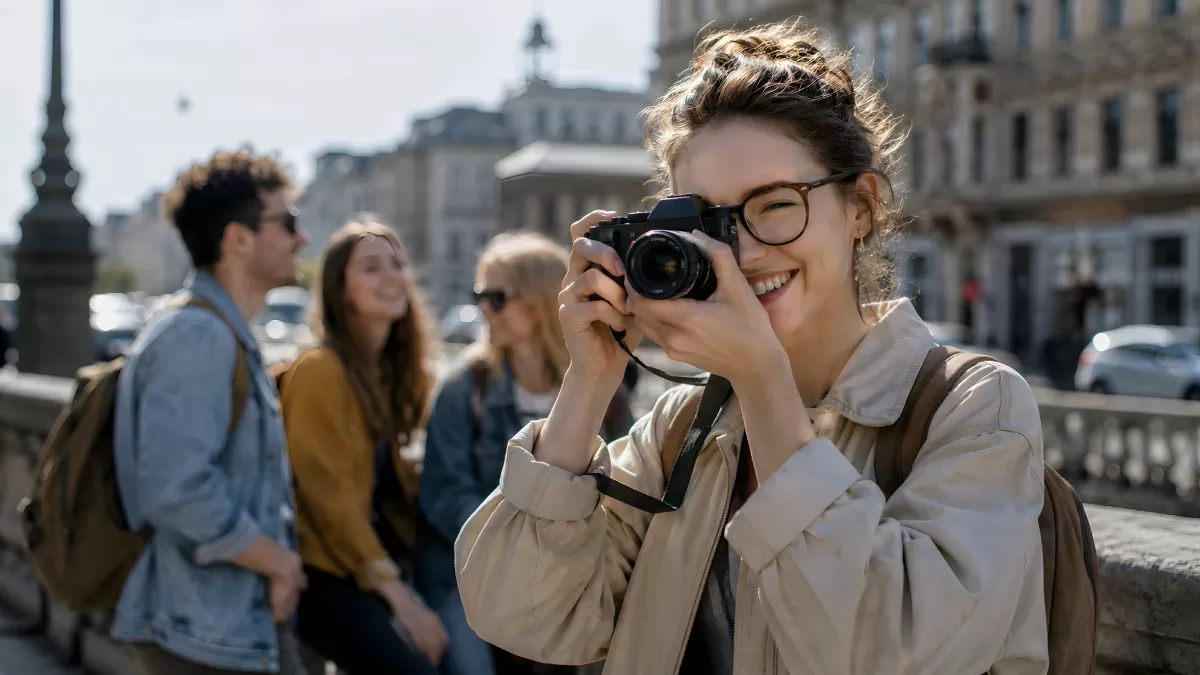 Lächelnde junge Frau fotografiert in Europastadt