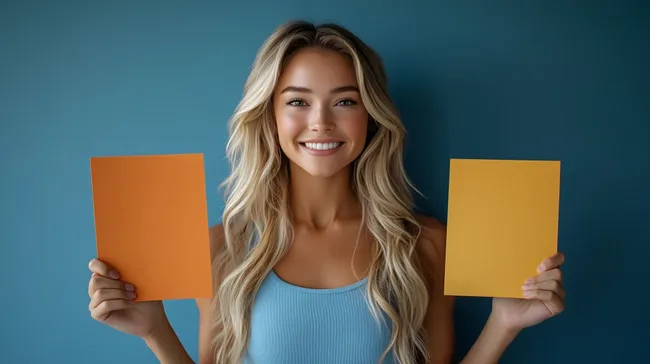 Lächelnde junge Frau mit zwei Farbkarten in der Hand