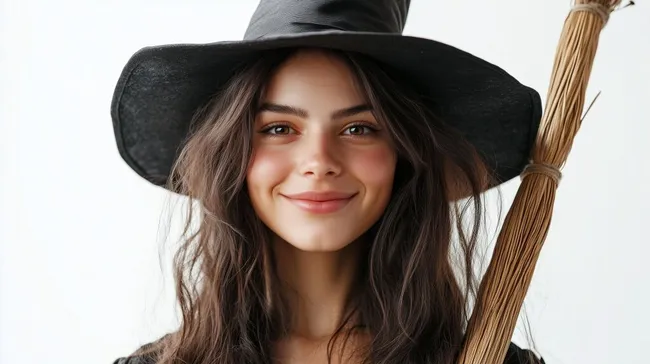Lächelnde junge Hexe mit Spitzhut und Besen