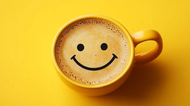 Lächelnde Kaffeetasse auf gelbem Hintergrund