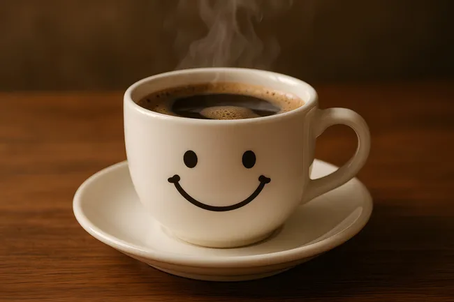 Lächelnde Kaffeetasse mit Dampf auf Holztisch