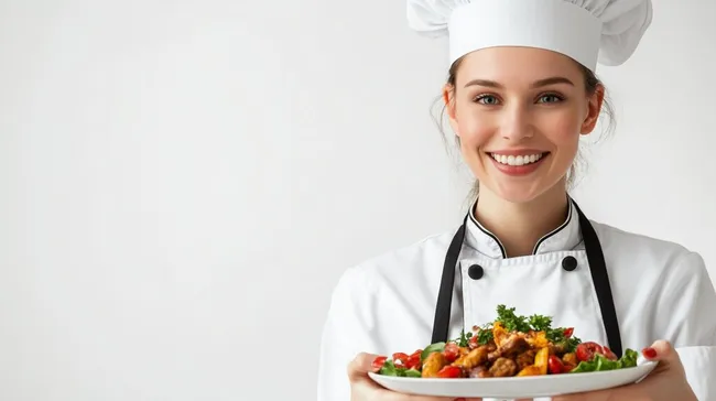 Lächelnde Köchin in weißer Uniform mit frischem Gericht