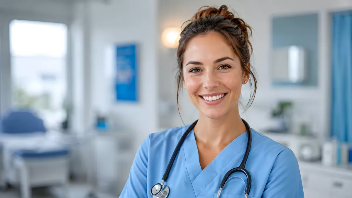 Lächelnde Krankenpflegerin in blauen Scrubs mit Stethoskop