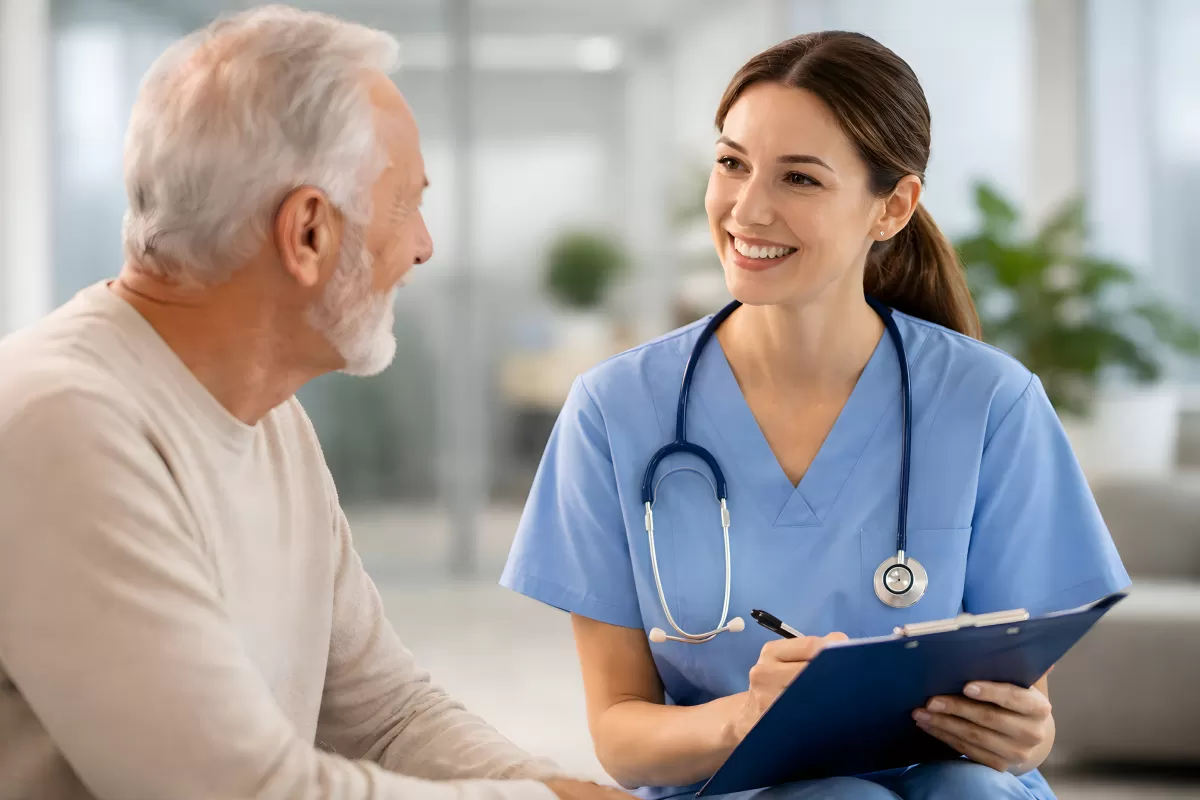 Lächelnde Krankenschwester berät älteren Patienten