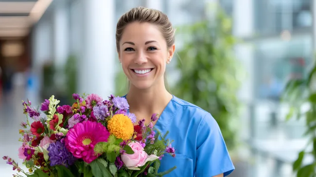 Lächelnde Krankenschwester mit buntem Blumenstraß