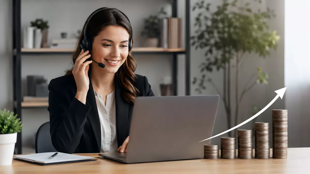 Lächelnde Kundenberaterin mit Headset am Laptop