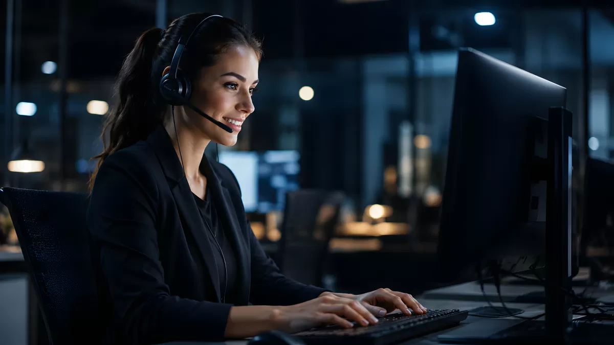 Lächelnde Kundenbetreuerin mit Headset am Computer