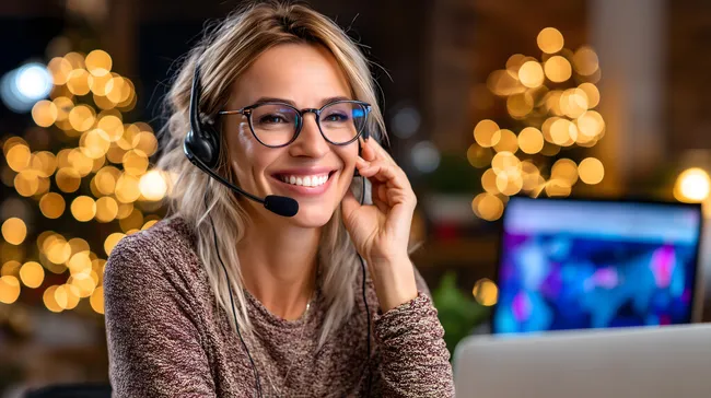 Lächelnde Kundenservice-Mitarbeiterin mit Headset am Arbeitsplatz