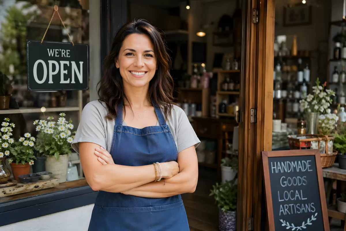 Lächelnde Ladeninhaberin vor ihrem kleinen Geschäft