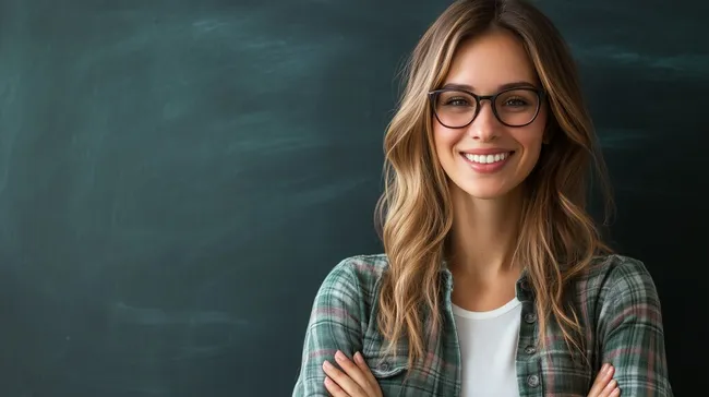 Lächelnde Lehrerin mit Brille vor Tafel