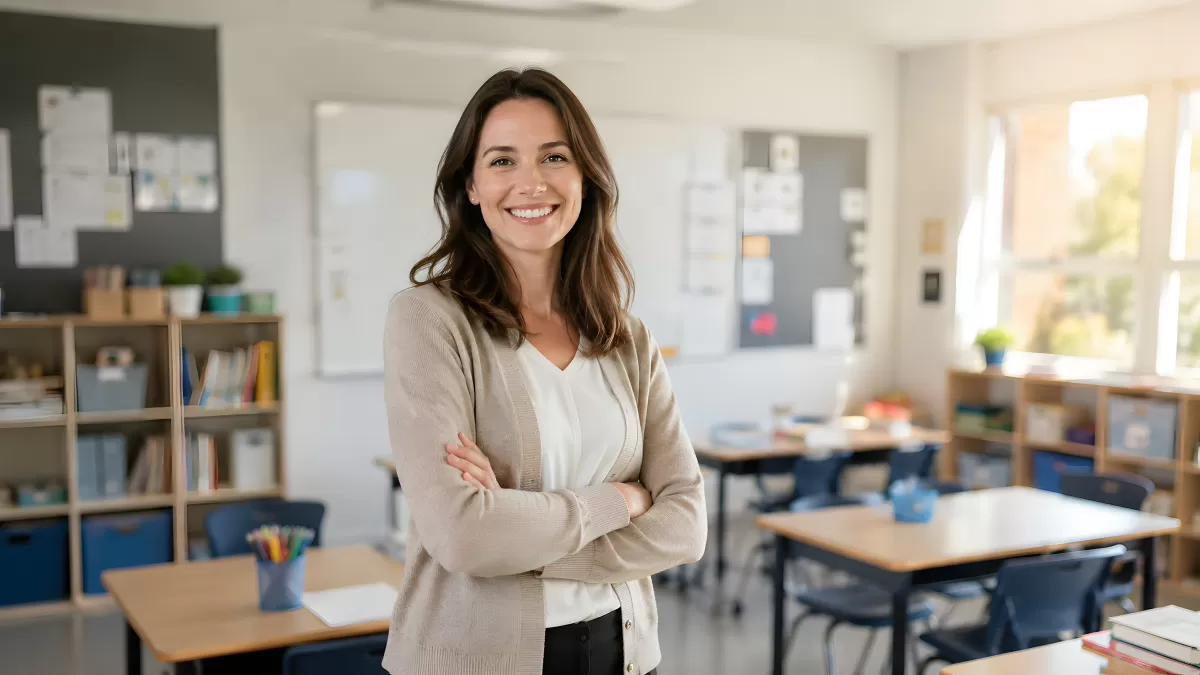 Lächelnde Lehrerin steht entspannt im Klassenzimmer