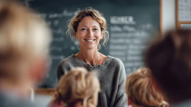 Lächelnde Lehrerin unterrichtet fröhliche Schüler im Klassenzimmer