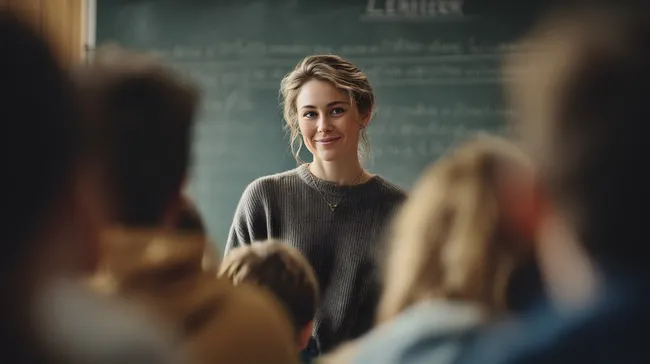 Lächelnde Lehrerin unterrichtet Schüler im Klassenzimmer