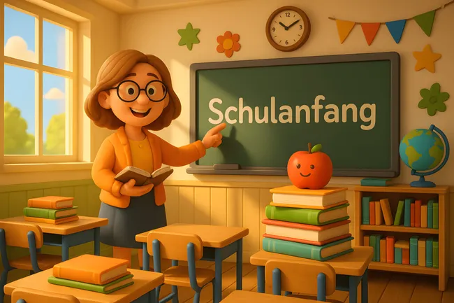 Lächelnde Lehrerin zeigt zum Schulanfang auf Tafel