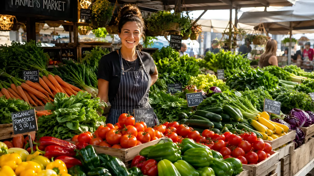 Lächelnde Marktverkäuferin an buntem Gemüsestand