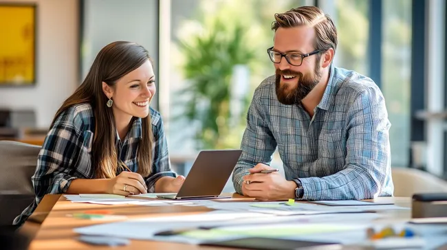 Lächelnde Mitarbeiter diskutieren Geschäftsplanung in modernem Büro