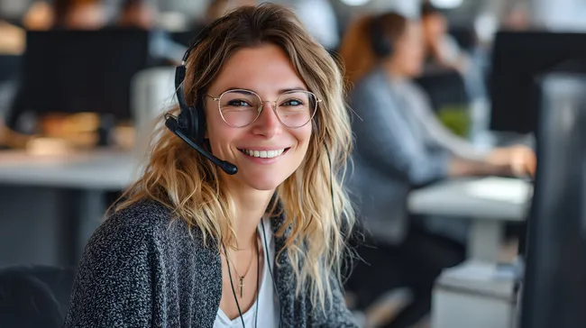 Lächelnde Mitarbeiterin mit Headset am modernen Arbeitsplatz