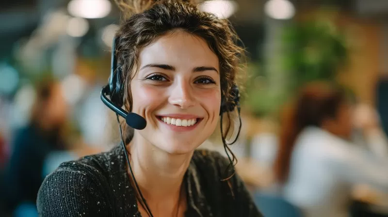 Lächelnde Mitarbeiterin mit Headset im Büro