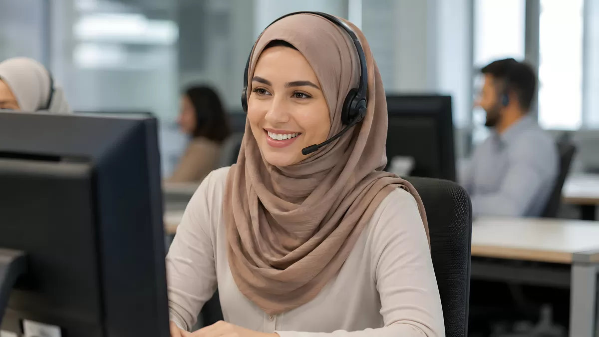 Lächelnde Mitarbeiterin mit Hijab im Callcenter