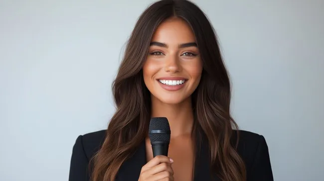 Lächelnde Moderatorin mit Mikrofon im Interview