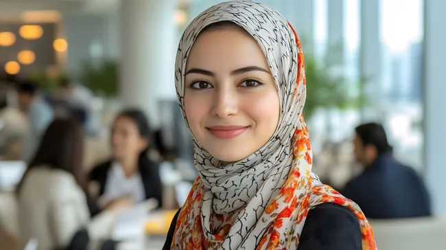 Lächelnde muslimische Geschäftsfrau in modischem Kopftuch