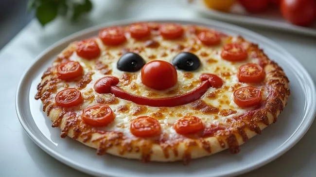 Lächelnde Pizza-Scheibe mit Tomaten und Oliven