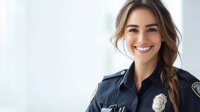 Lächelnde Polizistin in Uniform bereit für den Dienst