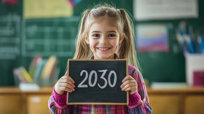 Lächelnde Schülerin hält Tafel mit 2030 im Klassenzimmer