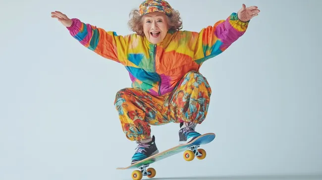 Lächelnde Seniorin reitet auf buntem Skateboard