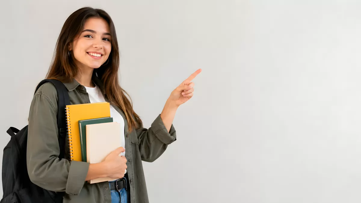 Lächelnde Studentin mit Notizbüchern zeigt zur Seite