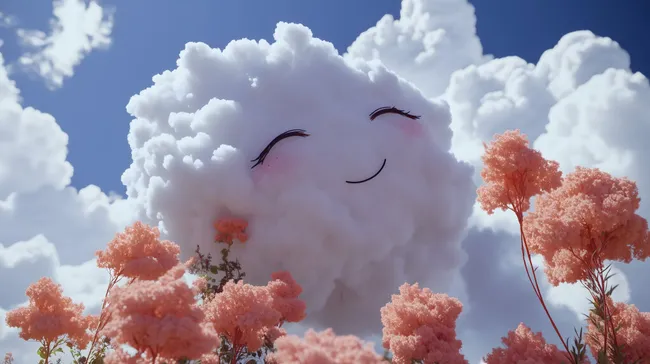 Lächelnde Wolke über pastellfarbener Blumenwiese