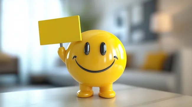 Lächelnder 3D-Emoji-Charakter mit Werbeschild