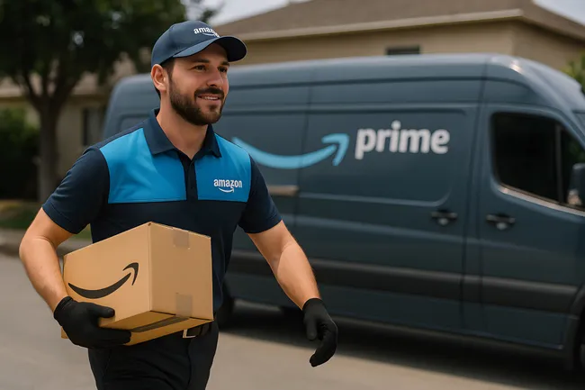 Lächelnder Amazon-Zusteller trägt Paket vor Lieferwagen