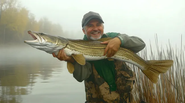 Lächelnder Angler mit gigantischem Zander in nebligem Gewässer