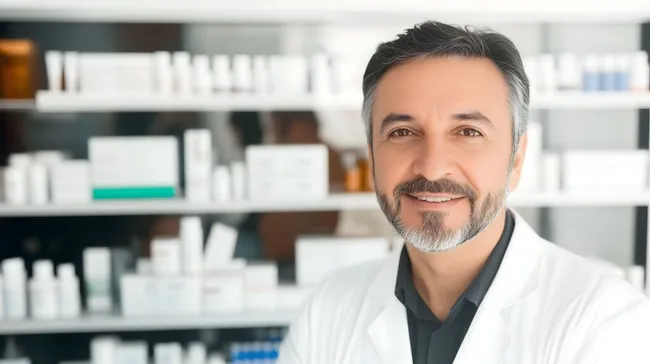 Lächelnder Apotheker in moderner Apotheke