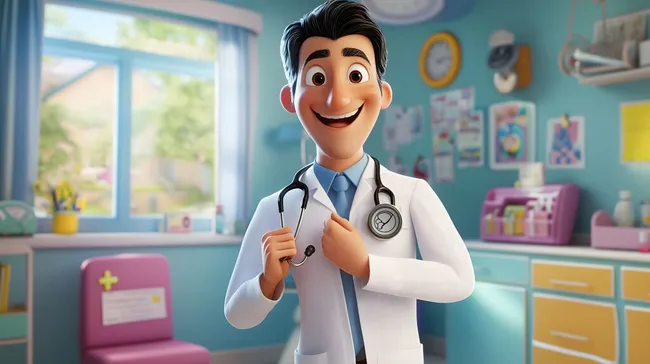 Lächelnder Arzt in moderner Praxis mit Spielsachen