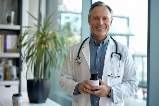 Lächelnder Arzt präsentiert Nahrungsergänzungsmittel in seiner Praxis