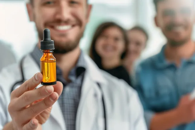 Lächelnder Arzt zeigt Medikamentenflasche vor seinem Team