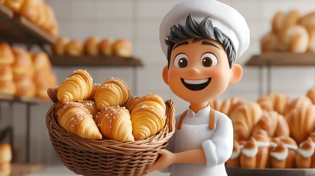 Lächelnder Bäcker mit Körbchen frischer Croissants