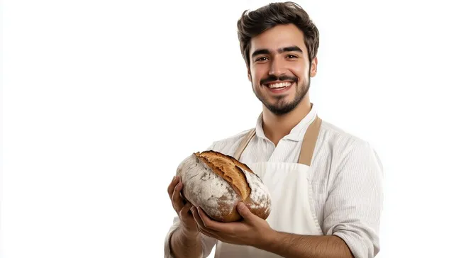 Lächelnder Bäcker präsentiert frisch gebackenes Brot