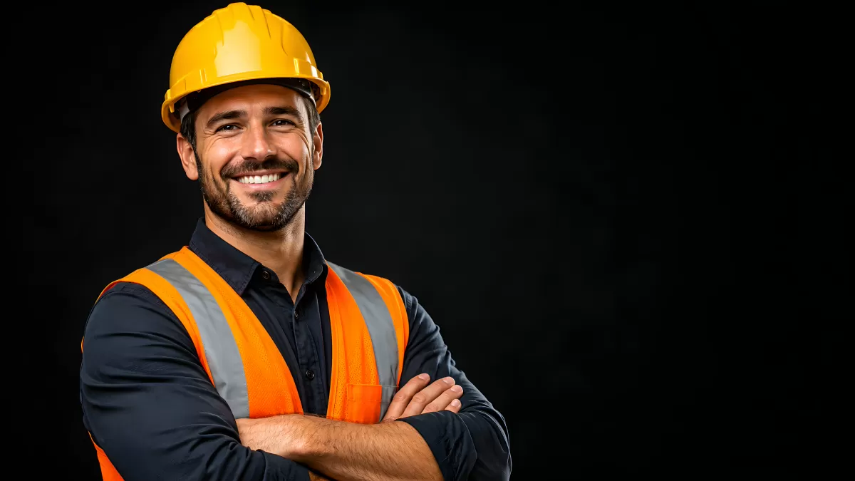Lächelnder Bauarbeiter mit Helm und Warnweste