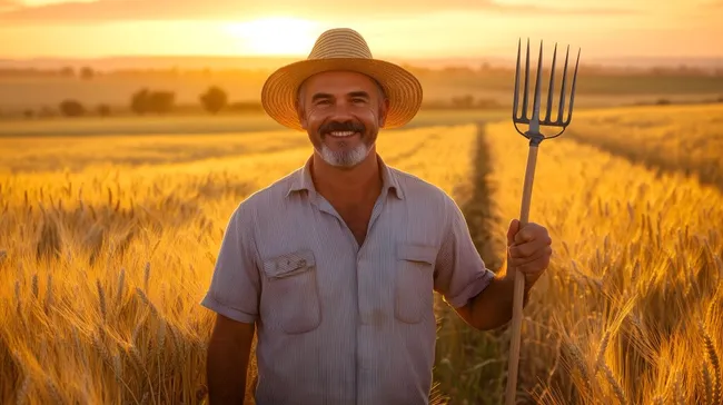 Lächelnder Bauer erntet Getreide bei Sonnenuntergang