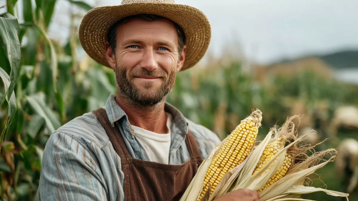 Lächelnder Bauer erntet Mais auf dem Feld