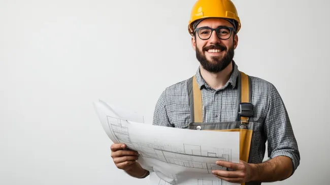 Lächelnder Bauingenieur mit Bauplänen in der Hand