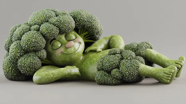 Lächelnder Brokkoli-Mann entspannt auf dem Rücken