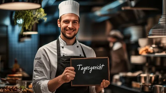 Lächelnder Chefkoch präsentiert Tagesgericht in rustikaler Küche