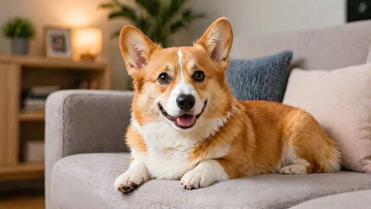 Lächelnder Corgi liegt entspannt auf grauem Sofa