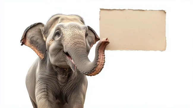 Lächelnder Elefant mit Holzschild auf weißem Hintergrund